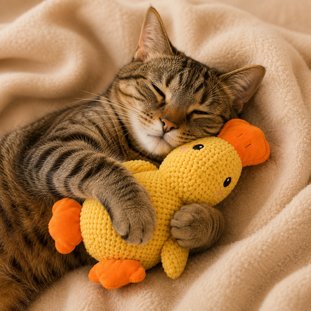 Dog cuddling sleeping duck