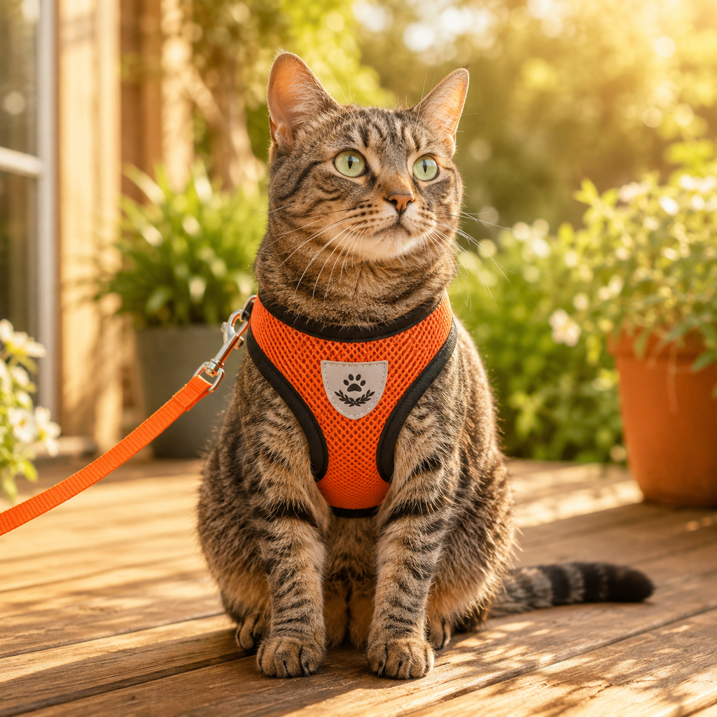 Escape-proof harness on cat outdoor