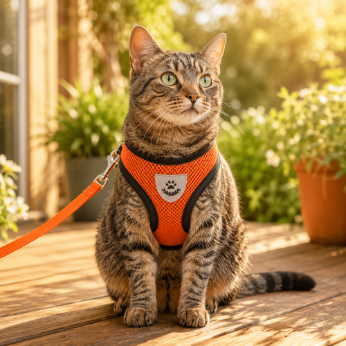 Escape-proof harness on cat outdoor
