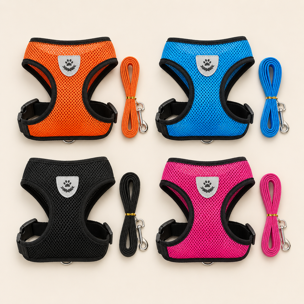 Escape-Proof Harness in 4 colors — orange, blue, black, pink — with matching leashes
