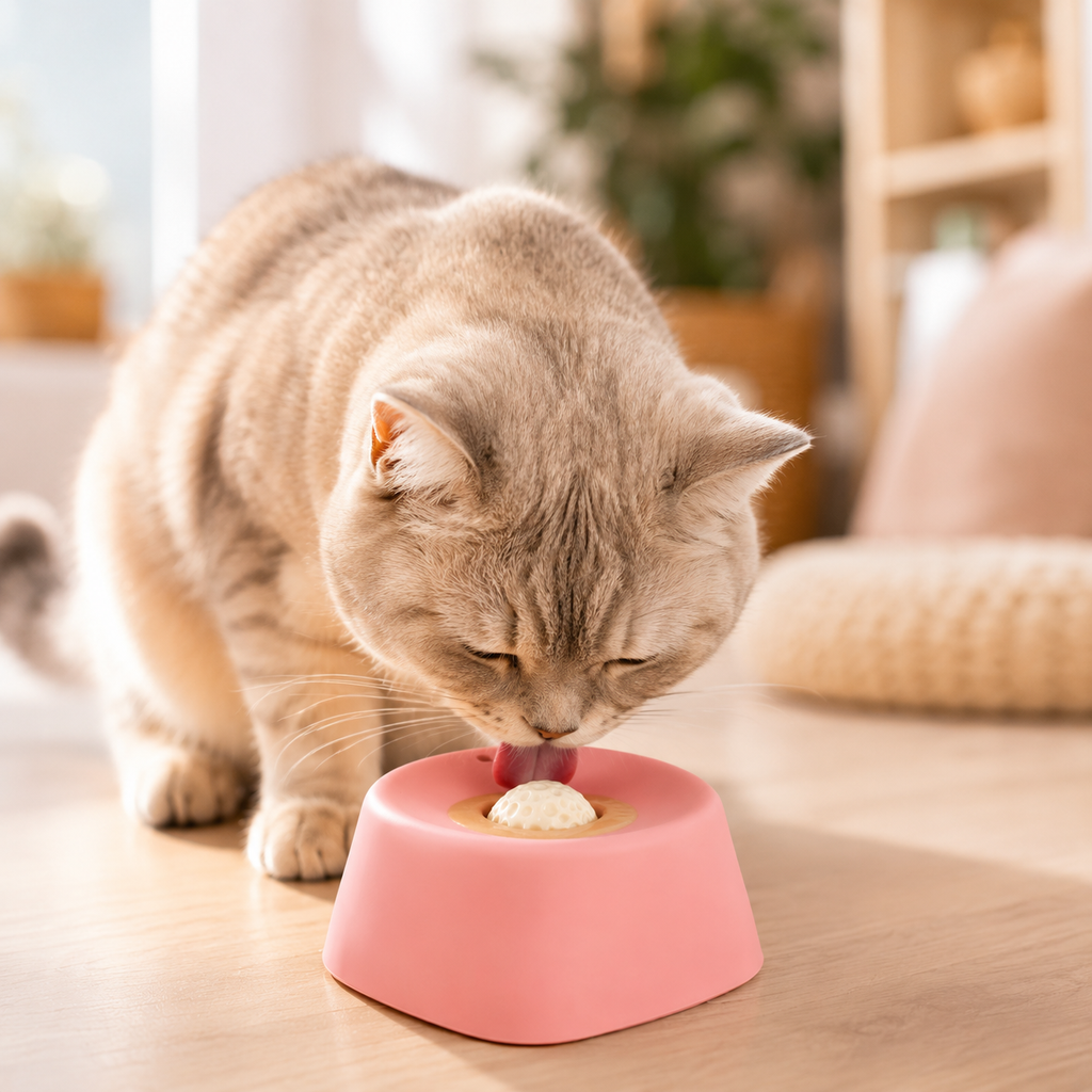 Dog licking from the pink slow-feeder bowl
