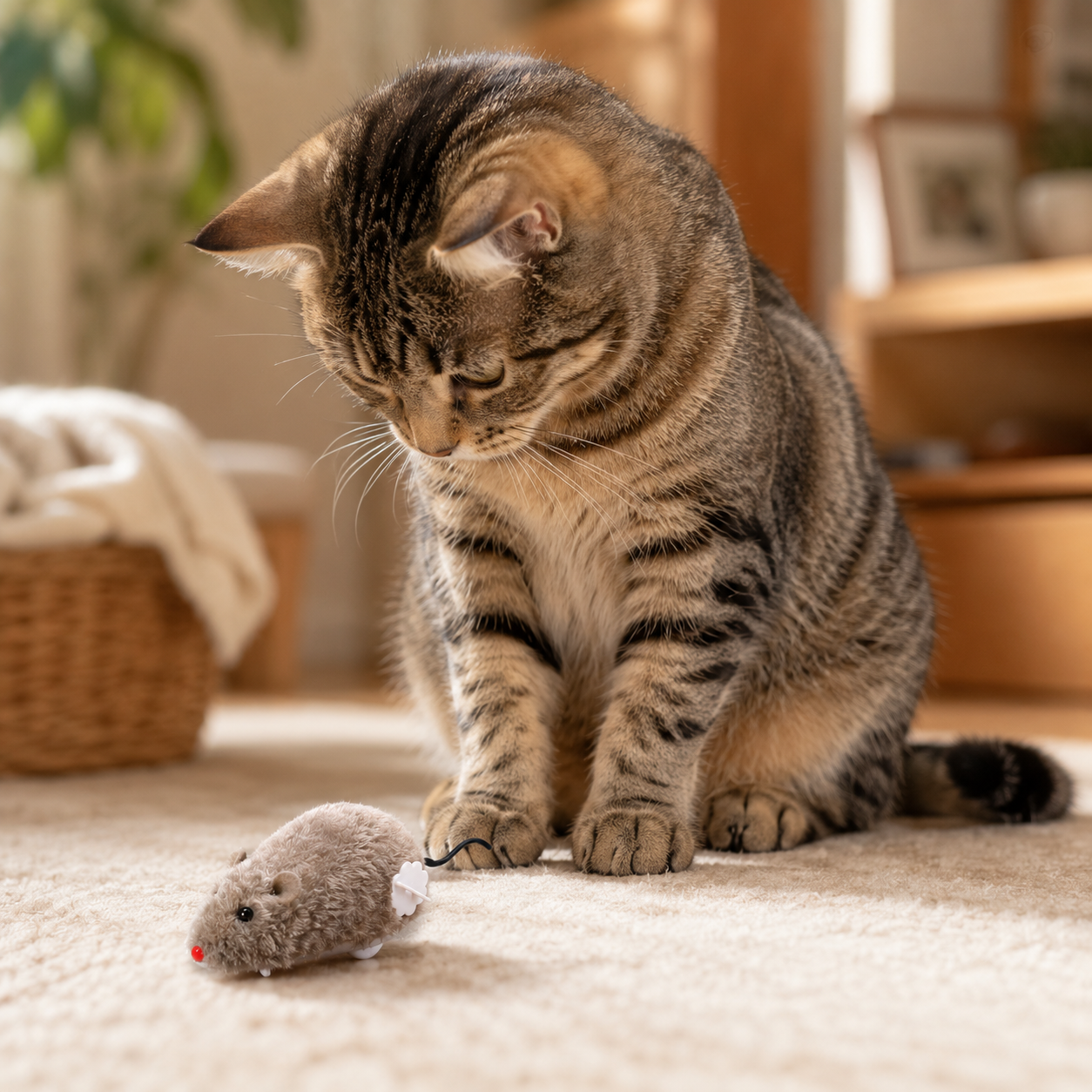 Cat chasing wind-up mouse
